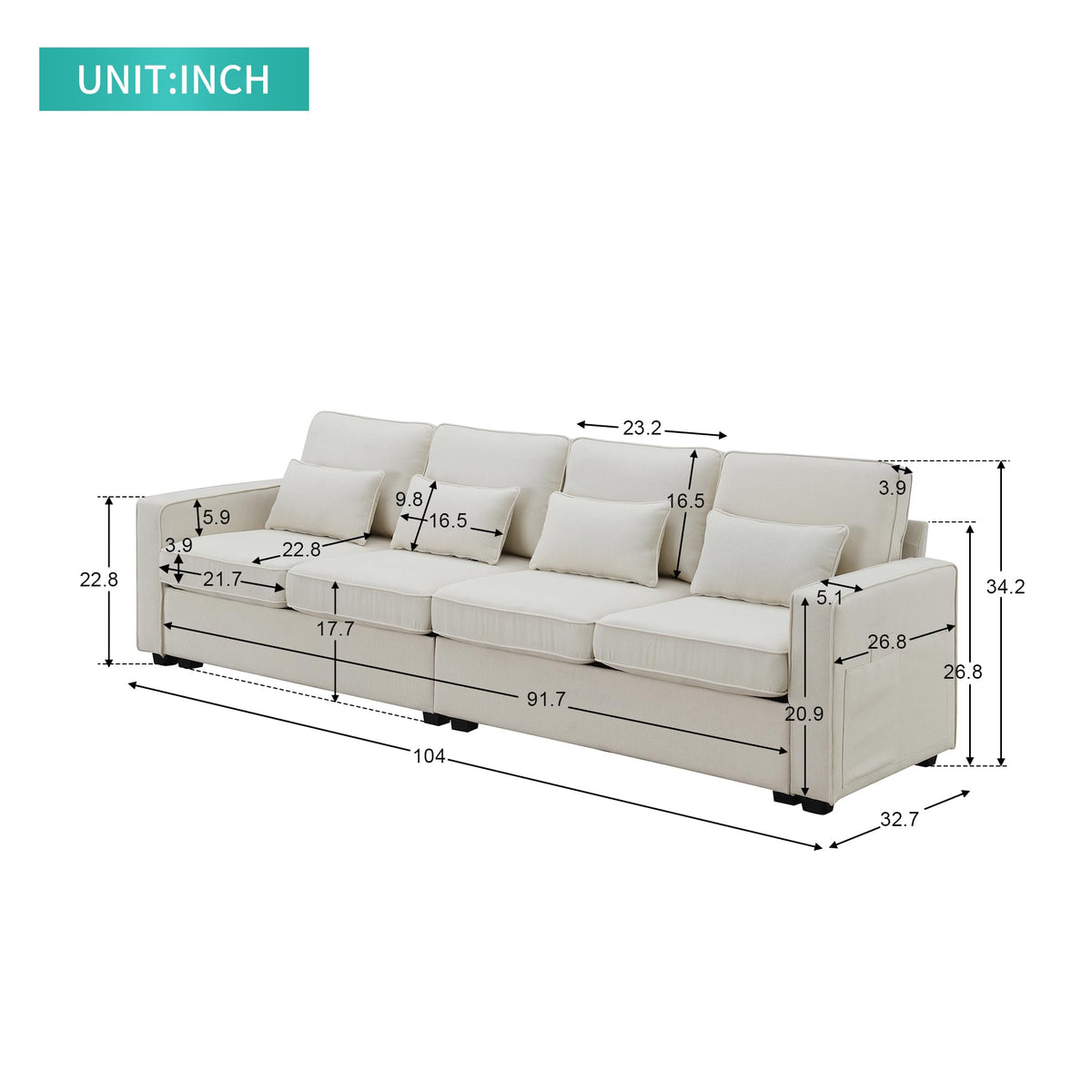 104" 4 Seater Linen Fabric Sofa with Armrest Pockets and 4 Pillows,Style Couch for Living Room, Apartment, Office,3 Colors