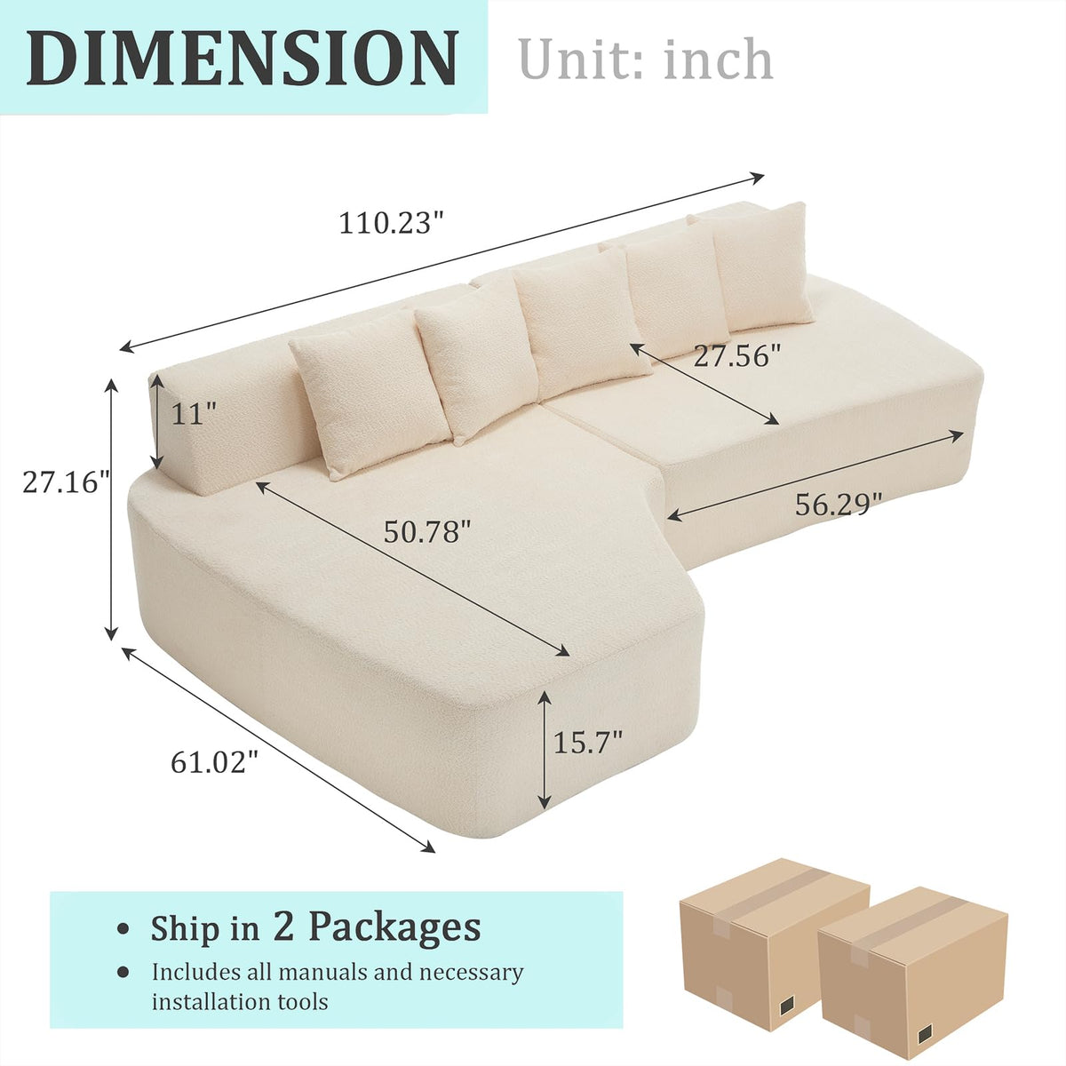 110.2" Minimalist Couches Sleeper with 5 Pillows and Comfy Chaise Irregular L-Shaped Compression Modular Sectional Sofa with Deep Seats for Living Room Apartment Lounge, Ivory