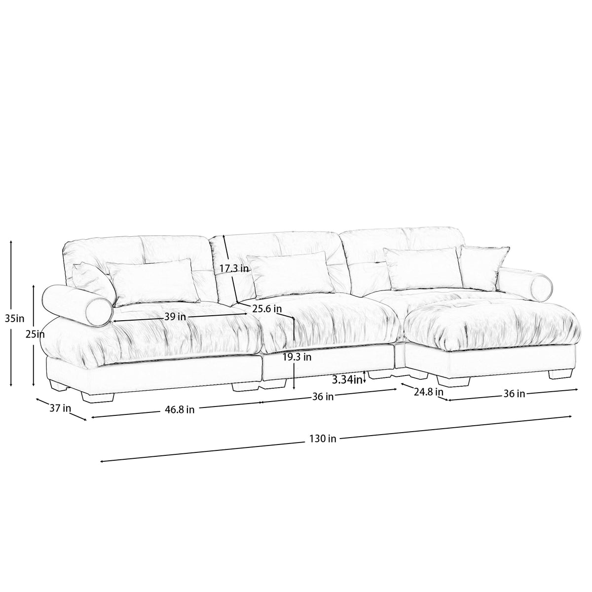 130" Cloud Couch, Oversized 3-Seater Couch with Ottomans and Pillows, Deep Seat L Shaped Sofa, Comfy Velvet Fluffy Sofas Modular Sectional Couches for Living Room (Blue, 3 Seat + 1 Ottoman)