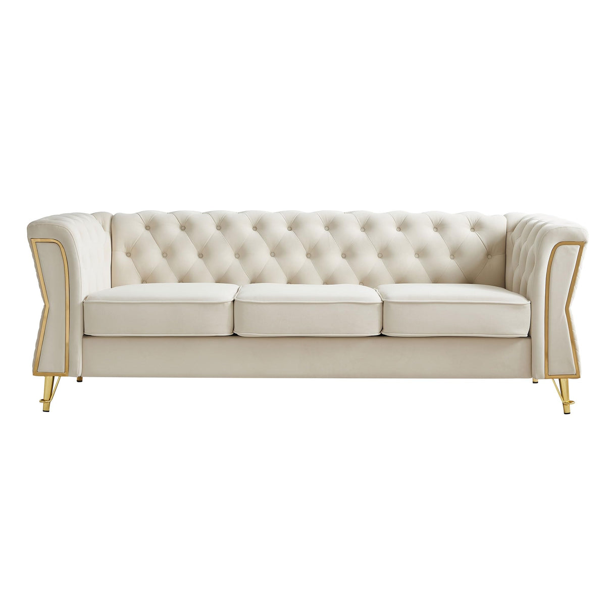 Velvet Sofa, Modern Couch, Tufted Sofa, 87.4 Inch Beige Upholstered Seating with Gold Metal Accent, Solid Wood Frame, Metal Legs, Deep Seat Cushions for Living Room
