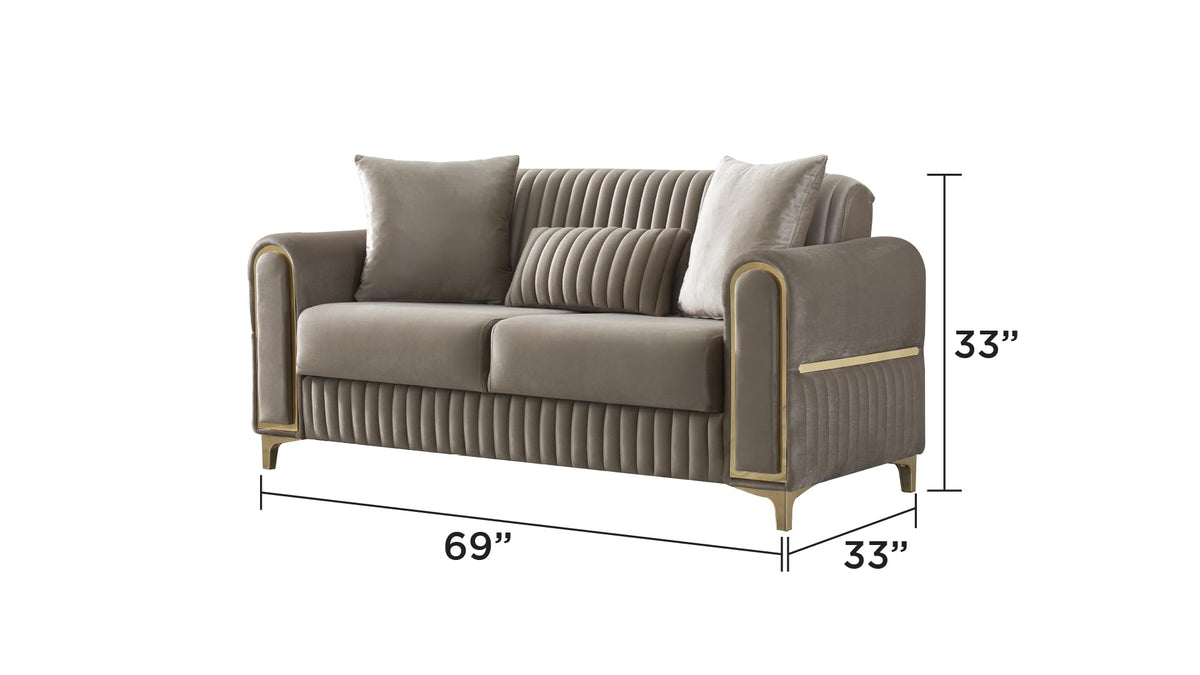Velvet Upholstered Convertible Loveseat with Wood & Iron Frame in Taupe
