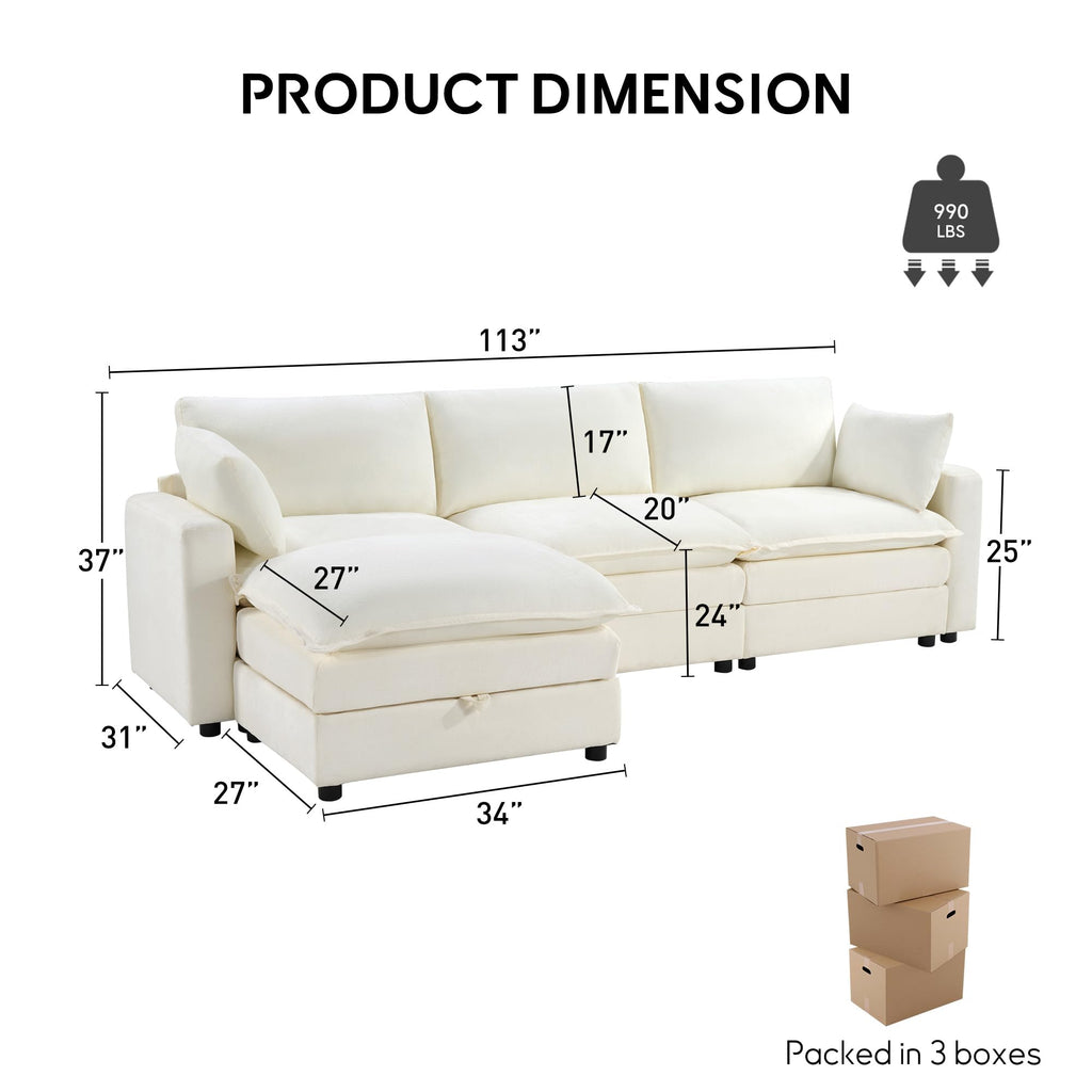 113" Modular Sectional Sofa, L Shaped Cloud Couch with Storage Ottoman
