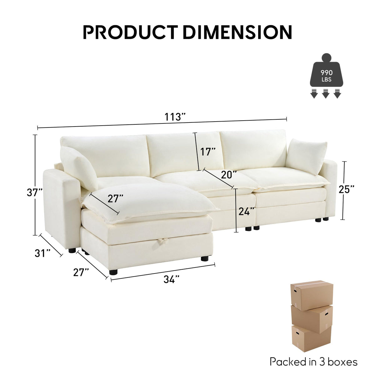 113" Modular Sectional Sofa, L Shaped Cloud Couch with Storage Ottoman