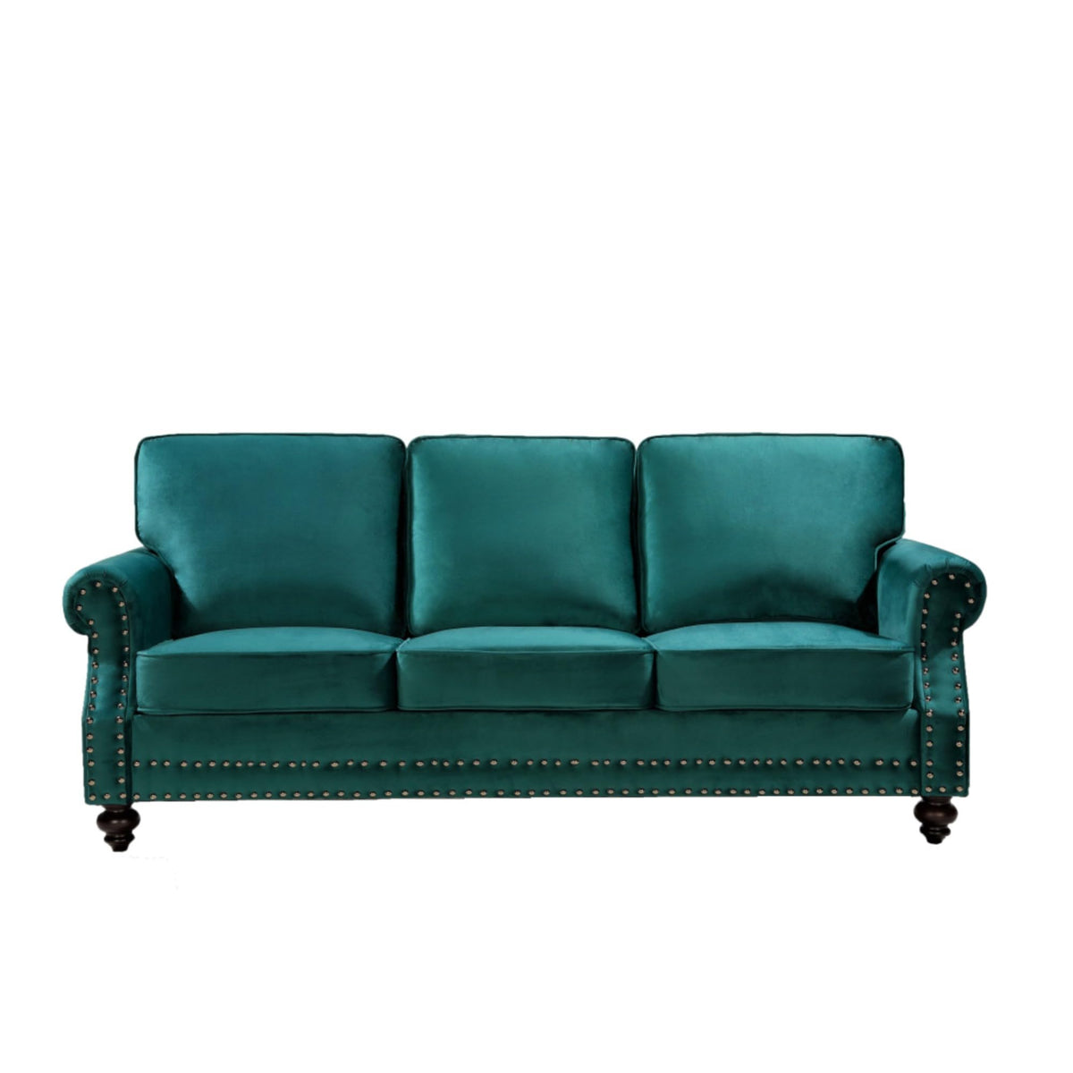 Velvet Sofa Seating with Rolled Arms and Nailhead Trim, Upholstered Living Room Couch, Loveseat or Accent Armchair with Loose Back Cushions, High Density Foam Seats (Green,Couch)