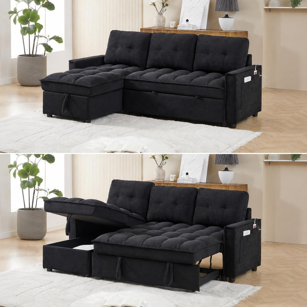 100" Modular Sectional Sleeper Sofa with Pull Out Bed/Side Table/USB Charging/Storage Chaise, Comfy Convertible Cloud Couch, U Shaped 7 Seat Corduroy Sofa with Cup Holders,Green