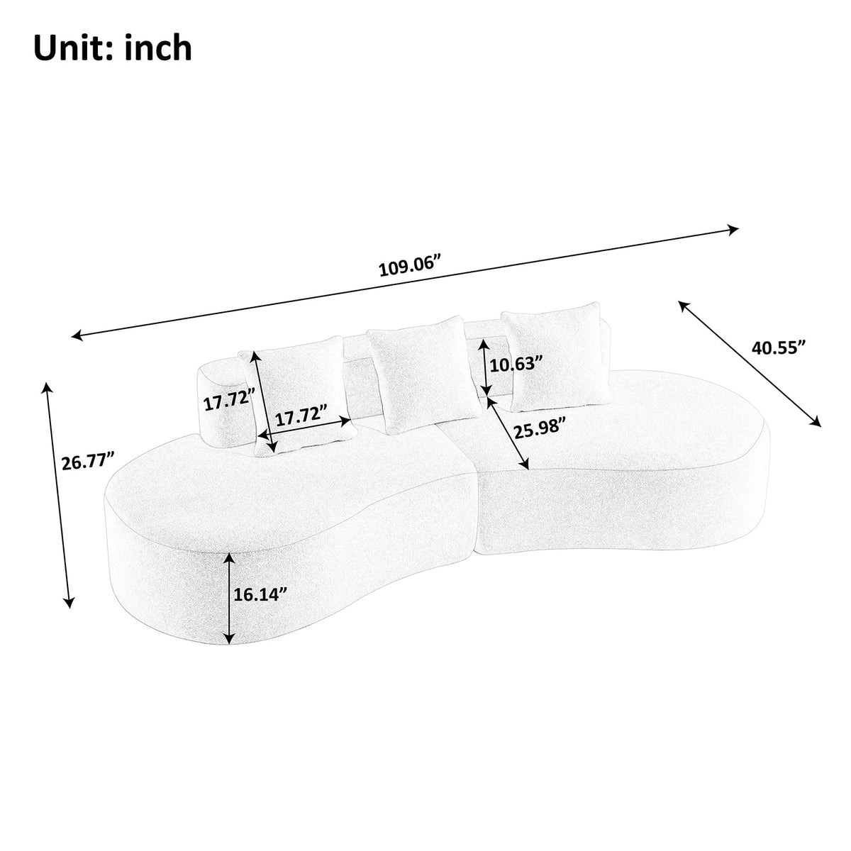 109" Oversized Curved Sectional Sofa – Modern Luxury Velvet Cloud Couch, Deep Seat Memory Foam Curved Couch with 3 Pillows, Compressed Boneless Sofa for Living Room, Apartment, Office, Blue