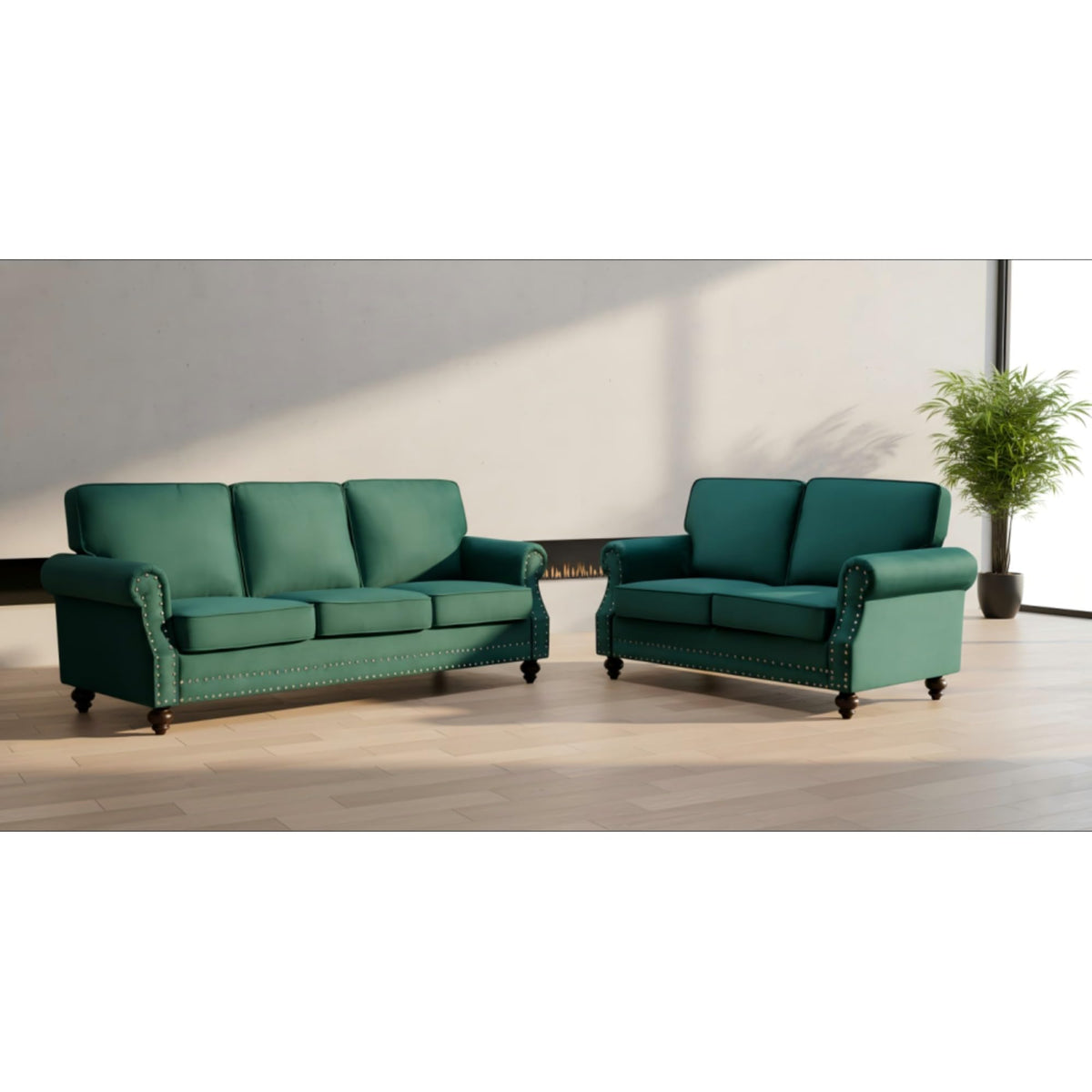 Velvet Sofa Seating with Rolled Arms and Nailhead Trim, Upholstered Living Room Couch, Loveseat or Accent Armchair with Loose Back Cushions, High Density Foam Seats (Green,Couch)