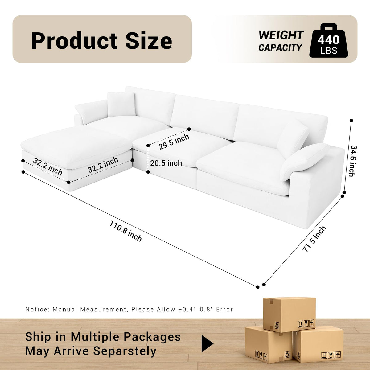 110.8" Oversized Cloud Modular Sectional Sofa, L Shaped Couch,White