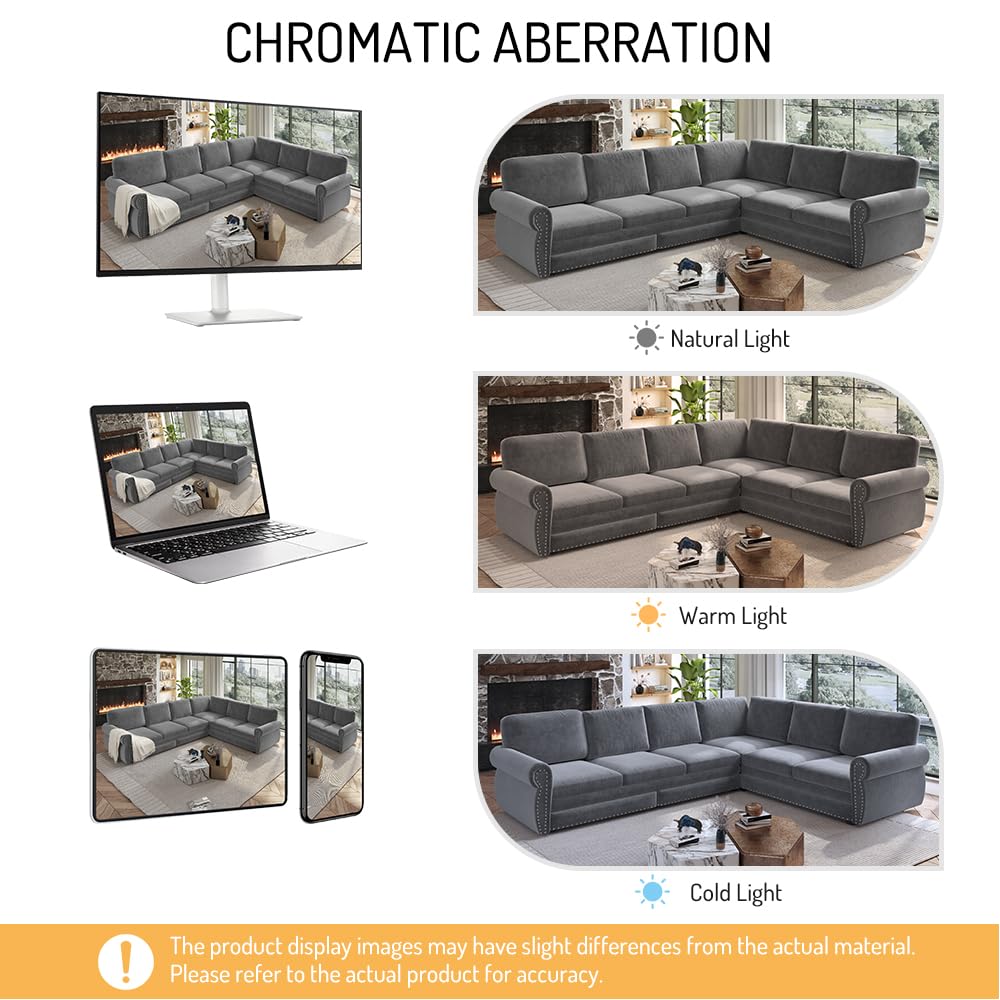118'' Pull Out Couch, Convertible Sleeper Sofa Bed, Upholstered Sectional Sofa, Chenille L-Shaped Couch with Nailhead Trim, Modern Sectional Couches for Apartment, Living Room, Light Grey