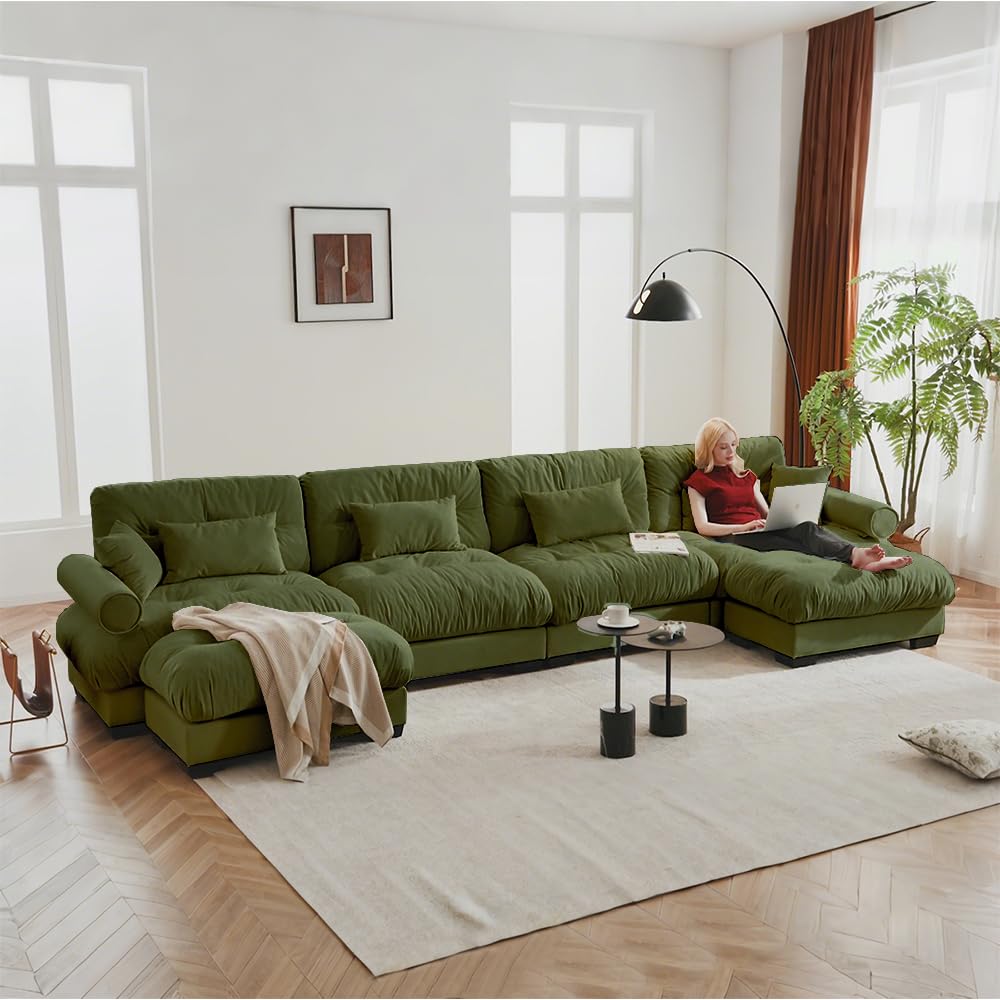 130" Cloud Couch, Oversized 3-Seater Couch with Ottomans and Pillows, Deep Seat L Shaped Sofa, Comfy Velvet Fluffy Sofas Modular Sectional Couches for Living Room (Blue, 3 Seat + 1 Ottoman)