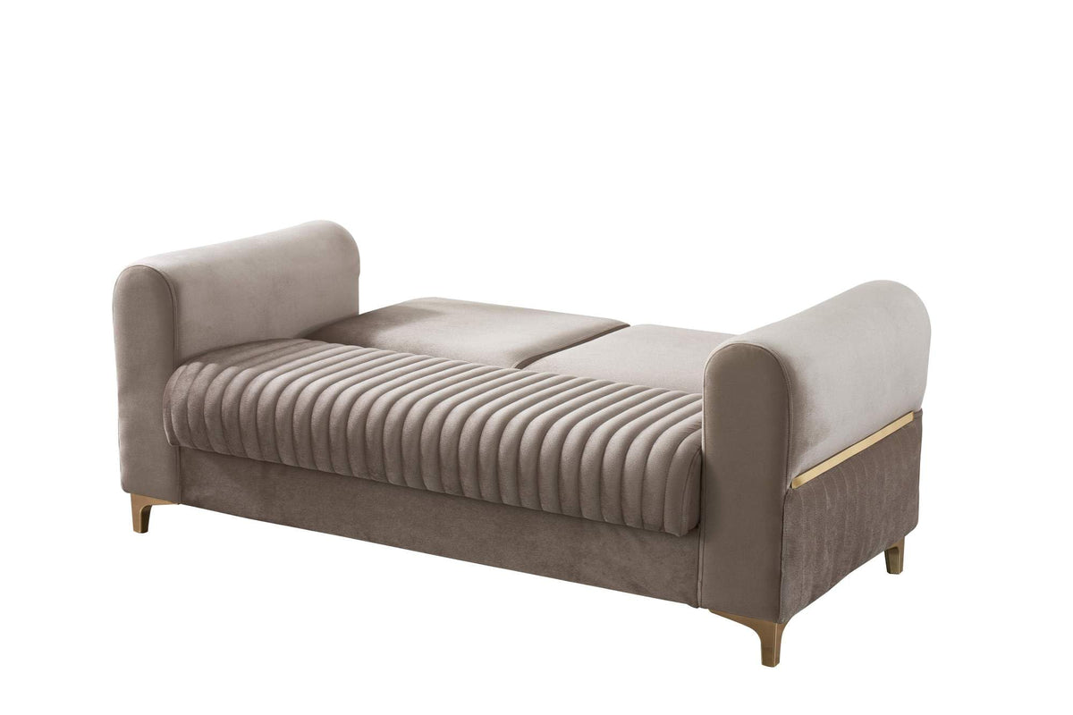 Velvet Upholstered Convertible Loveseat with Wood & Iron Frame in Taupe