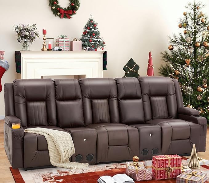 YODOLLA Reclining Loveseat Sofa with Dual Center Console, 4 Cup Holders, 2 Side Pockets, Manual Wall Hugger Recliner Couch for RV and Living Room, Faux Leather Brown