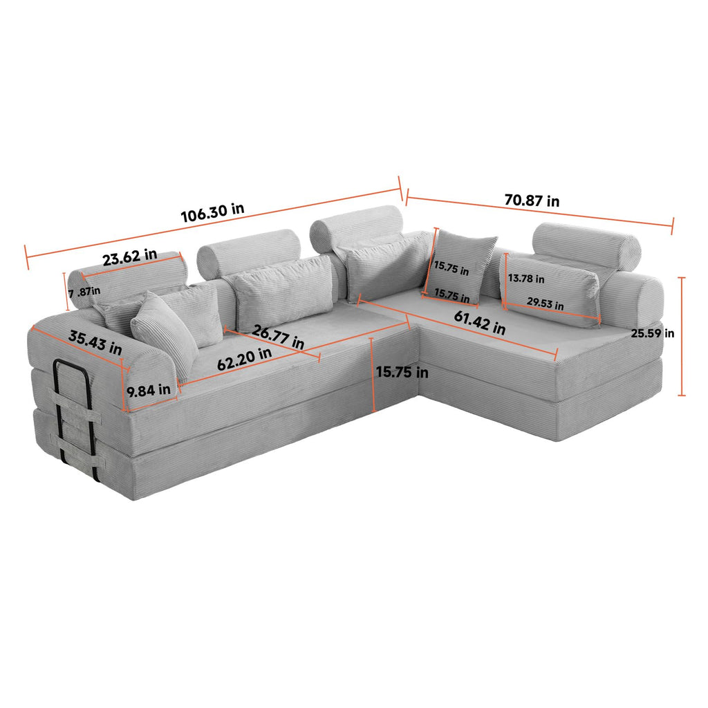 106" L-Shape Corduroy Sectional Sofa, Convertible Couch with Chaise