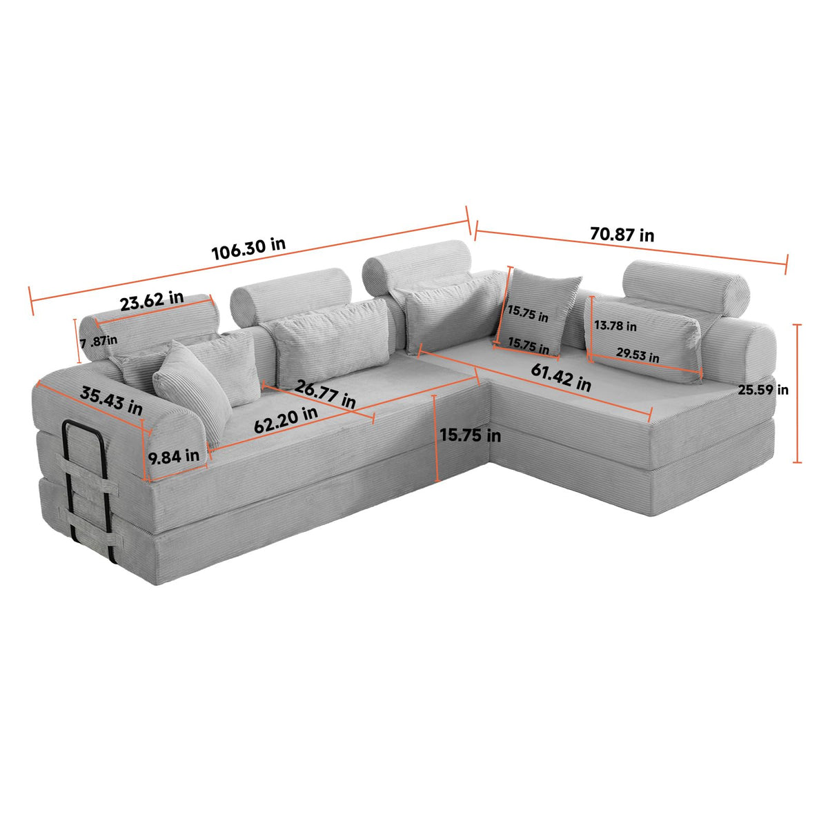 106" L-Shape Corduroy Sectional Sofa, Convertible Couch with Chaise