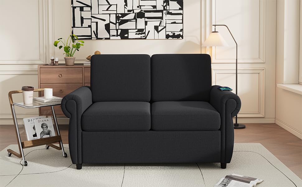 Tidyard 57.? Pull Out Sofa Bed Loveseat with Twin Memory Foam Mattress & 2 USB Ports, Sleeper for Living Room, Black
