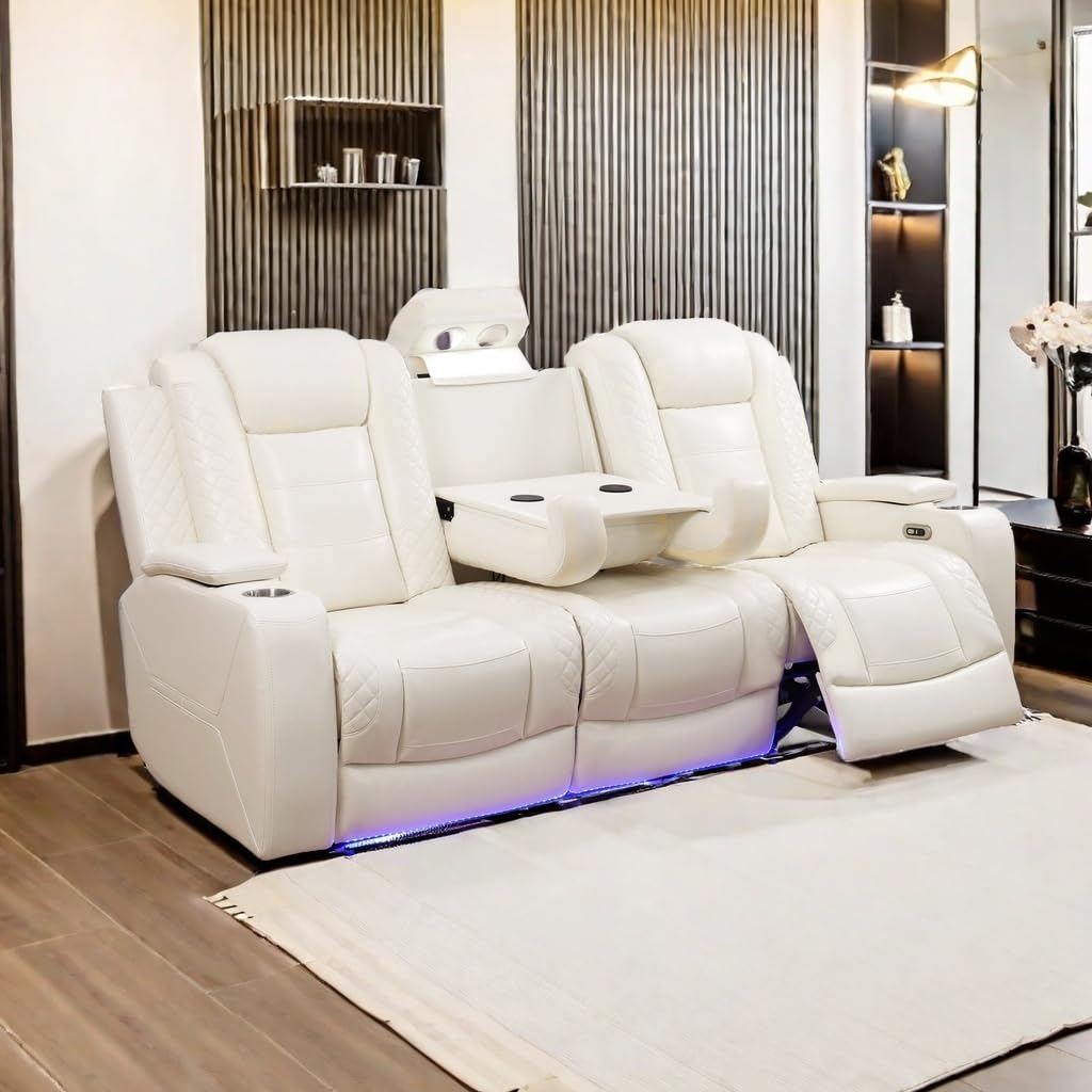 A Ainehome Power Leather Recliner Sofa Set with LED Lights, Recliner Sofa Sectional Couches for Living Room, Reclining Sofa, loveseat, Chair with USB Port/Storage Console/Cup Holder(black,3-piece set)