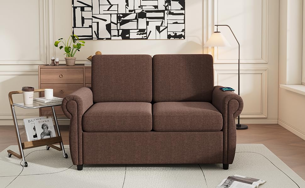Tidyard 57.? Pull Out Sofa Bed Loveseat with Twin Memory Foam Mattress & 2 USB Ports, Brown for Living Room, Apartment, Dorm