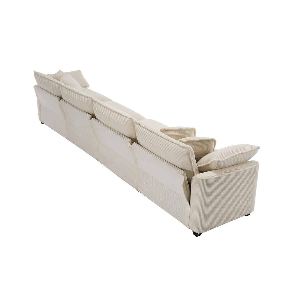 Upholstered 4 Seater Fabric Sofa with Comfortable Back Cushions, Seat Cushions and Pillows, Light Beige Corduroy Sofa, TM388