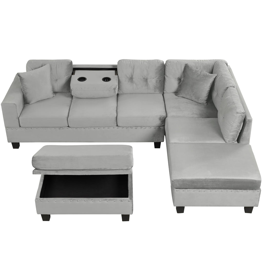 Velvet Sectional Sofa with Storage Ottoman Reversible Chaise L Shape Couch Modern Upholstered Sofa with Rivet Trim Pocket Spring Cushions Living Room Furniture 105.1" D 75.2" W, Gray