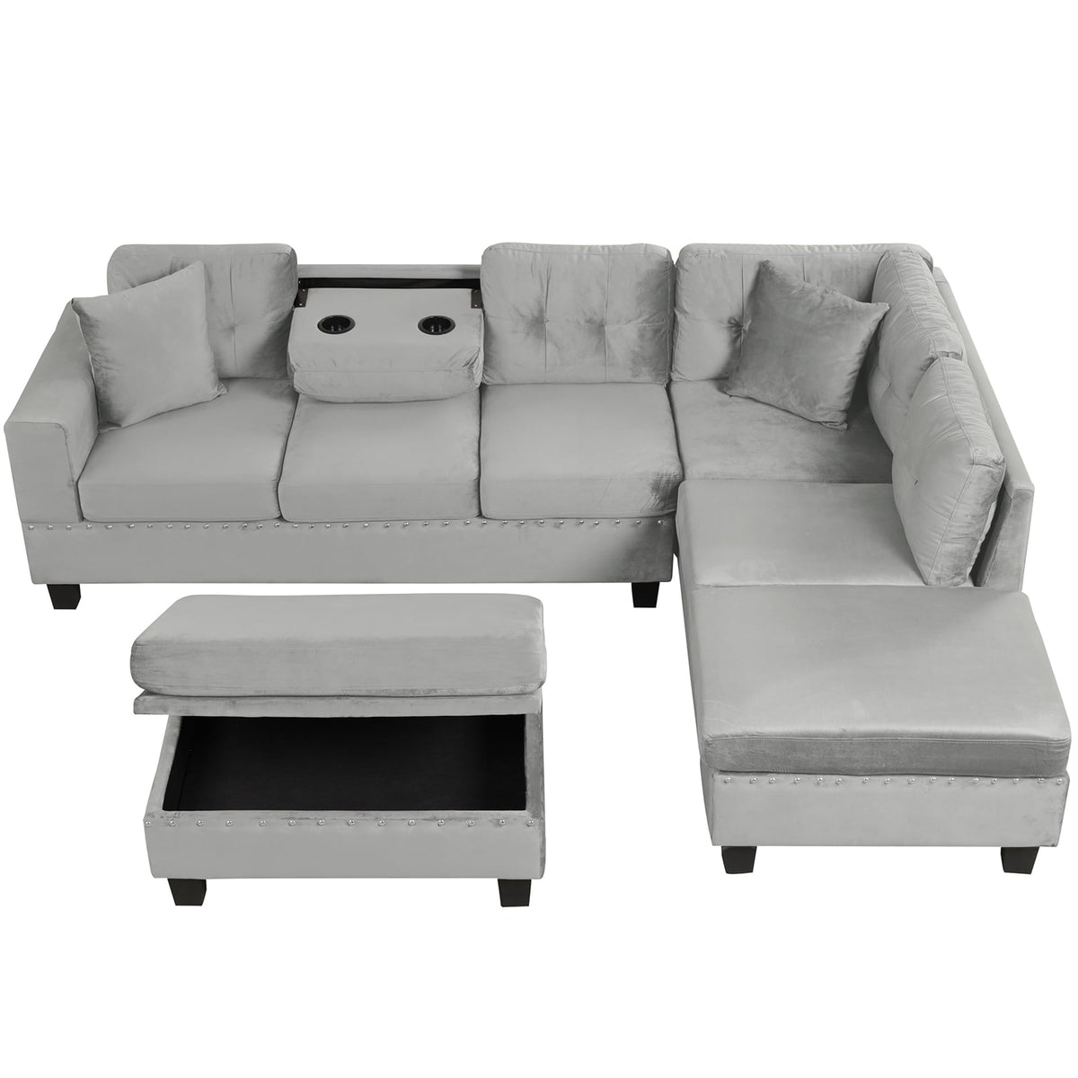 Velvet Sectional Sofa with Storage Ottoman Reversible Chaise L Shape Couch Modern Upholstered Sofa with Rivet Trim Pocket Spring Cushions Living Room Furniture 105.1" D 75.2" W, Gray