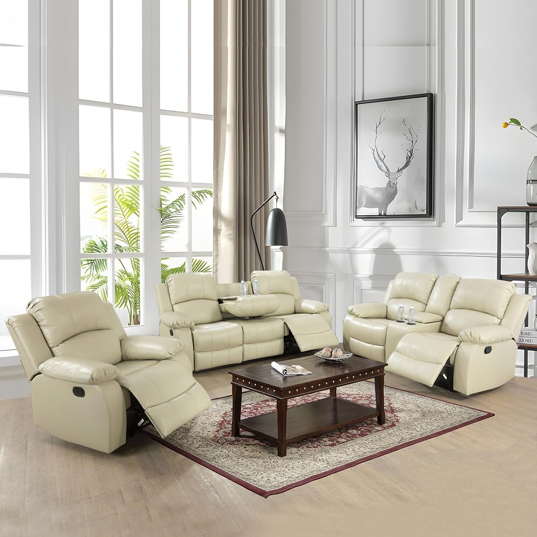 Bonded Leather Living Room Furniture Set Reclining Sofa Set Loveseat Furniture Sets in Living Room Sofa Recliners (3 Pieces, Blue Microfiber)