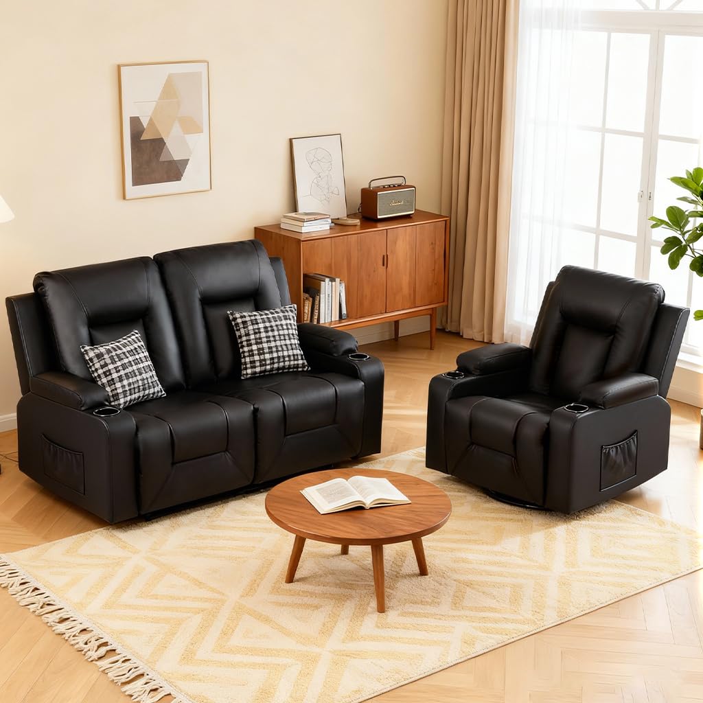 COMHOMA Living Room Furniture Set,Faux Leather Manual Recliner Sofa Sets