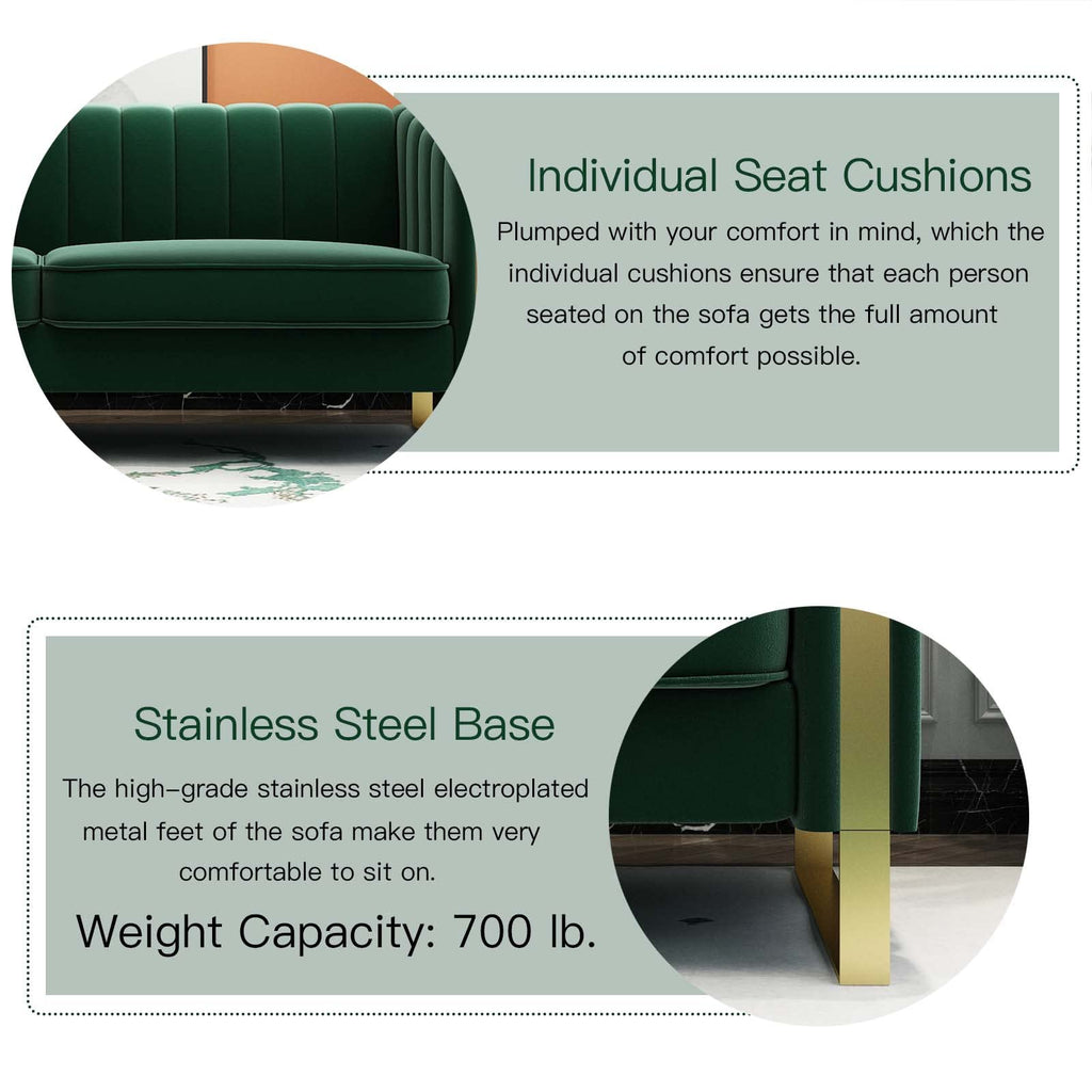 Tomkate 84" Chesterfield Sofa, Modern Velvet 3-Seater Couch with Gold Metal Legs & Removable Cushions, Upholstered Comfy Sofa with Stainless Steel Base for Living Room, Bedroom, Office (Green)