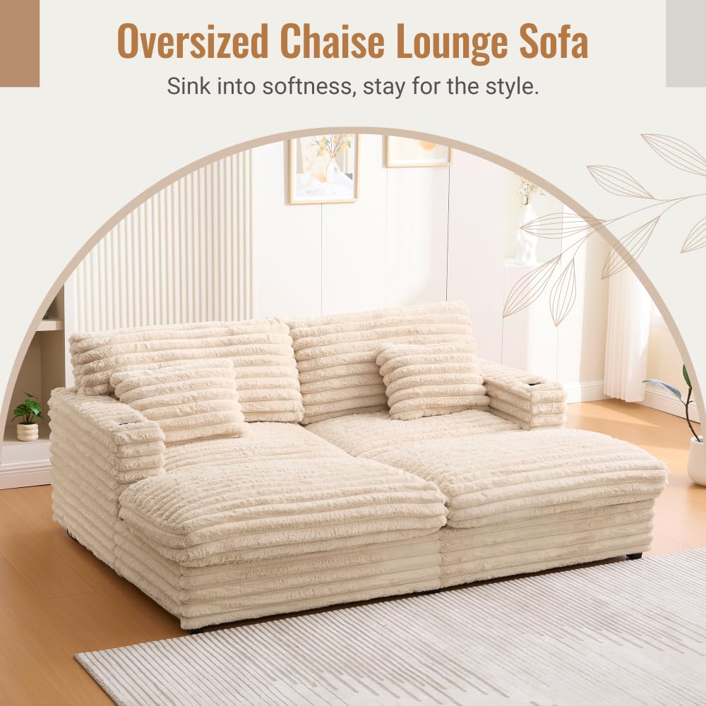 ZOEDO Oversized Double Chaise Lounge Sofa 82" Sofa Bed Plush Upholstered Sleeper Sofa Daybed with Two Supportive Pillows, USB Ports and Cup Holders for Living Room, Champagne (Old SKU:N719S002110D)