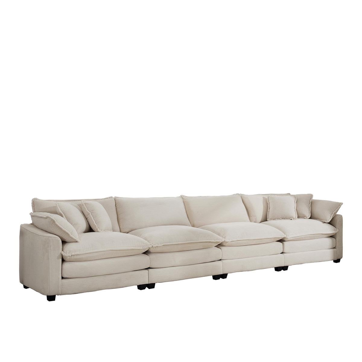 Upholstered 4 Seater Fabric Sofa with Comfortable Back Cushions, Seat Cushions and Pillows, Light Beige Corduroy Sofa, TM388