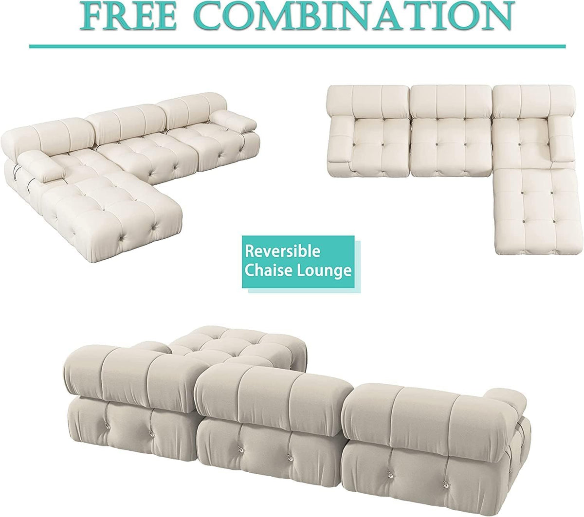 WJShome Modular Sectional Sofa with Ottoman, 103.95 inch Convertible Couch with Reversible Chaise, Velvet L Shaped Minimalist Couch for Living Room, Modern Large Free Combination Sofa, Beige