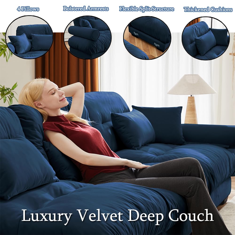 130" Cloud Couch, Oversized 3-Seater Couch with Ottomans and Pillows, Deep Seat L Shaped Sofa, Comfy Velvet Fluffy Sofas Modular Sectional Couches for Living Room (Blue, 3 Seat + 1 Ottoman)