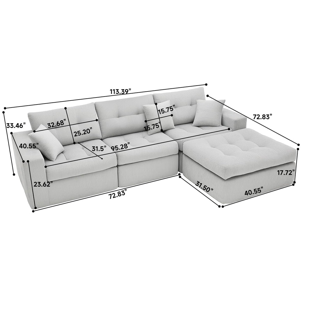 113" Oversized L-Shaped Modular Cloud Sofa Corduroy Upholstered Tufted Boneless Sectional with Deep Seat & Headrests, 4 PCS Compressed Boneless Couches with Movable Ottoman