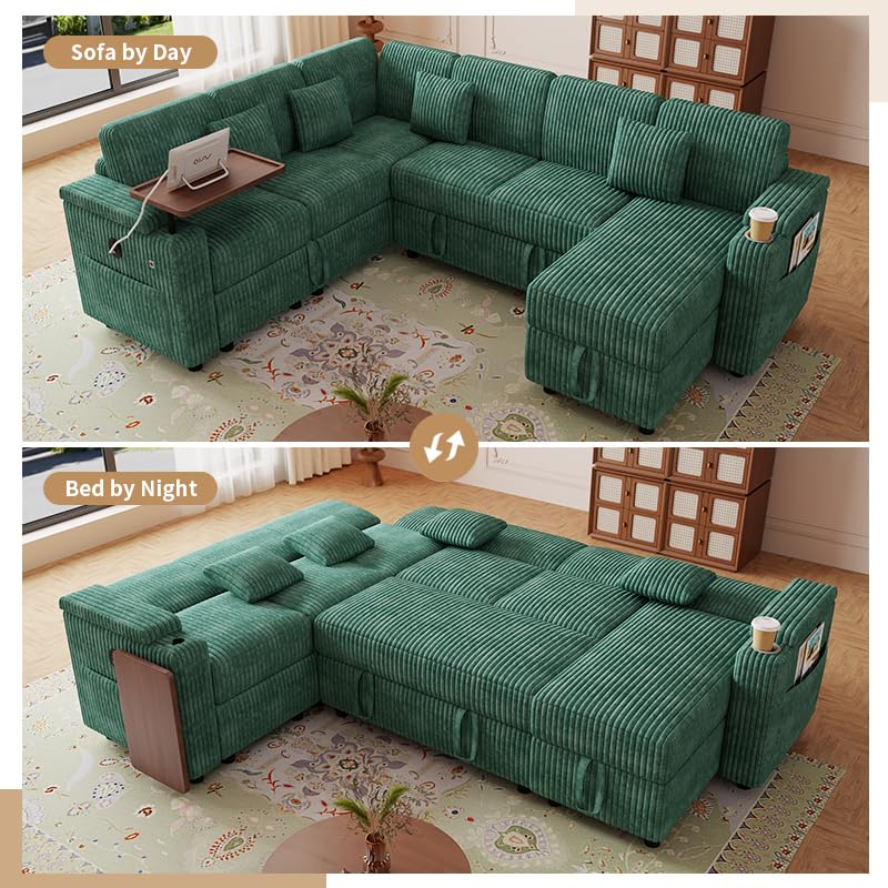 100" Modular Sectional Sleeper Sofa with Pull Out Bed/Side Table/USB Charging/Storage Chaise, Comfy Convertible Cloud Couch, U Shaped 7 Seat Corduroy Sofa with Cup Holders,Green