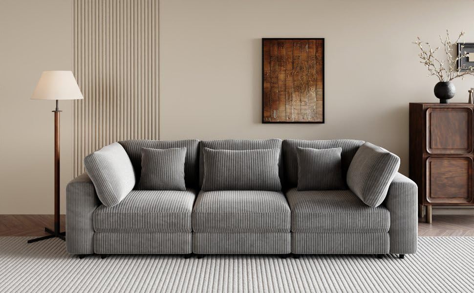Tidyard 3 Seater Sofa with Removable Back Cushions & 5 Pillows, 10? Corduroy Fabric for Living Room, Apartment, Spacious Spaces, Soft Elegant Design, Wooden Frame, Easy Assembly