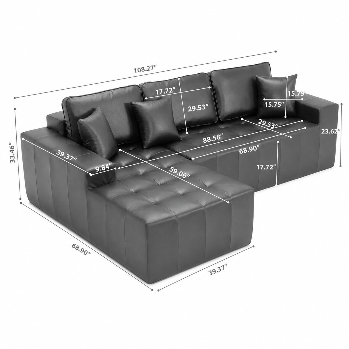 108" Faux Leather L-Shaped Sectional Sofa Bed, Corner Chaise Lounge with High-Density Sponge Cushions, No-Assembly Compressed Box Delivery, Convertible Couch for Living Room, Apartment, Guest Room