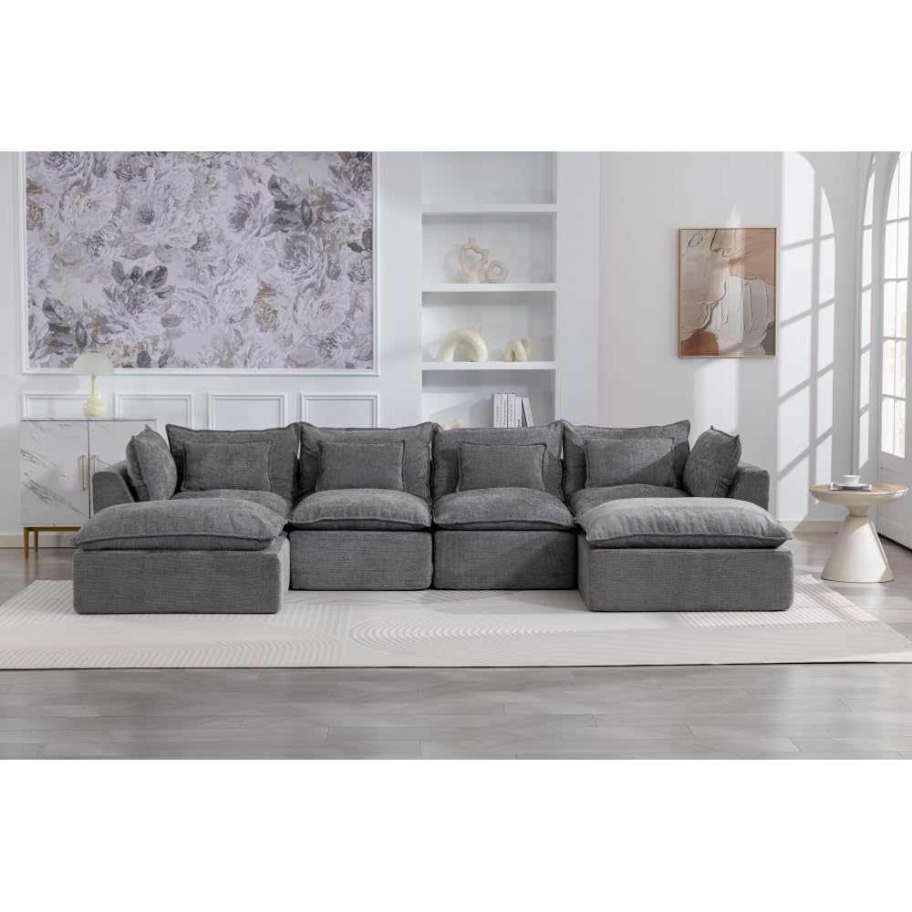 129.8" Width Cloud Couch Oversized Modular Sectional Sofa True Relax Comfy Couches Wide Deep Seat Sofas for Living Room Furniture Sets, Waffle Fabric,4Seat with 2Ottoman