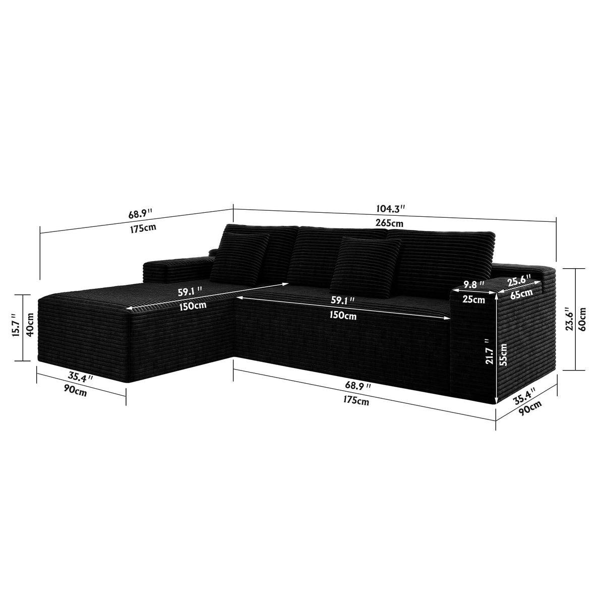 104.3" Cloud Sectional Couch with L Shape Chaise,Modular Sofa with Deep Seat, Upholstered Couches for Living Room Bedroom,No Assembly Required, Black(Plush Corduroy Fabric)
