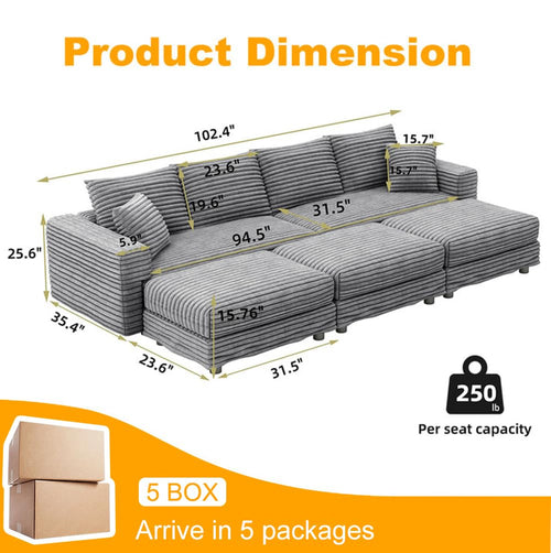 102.4" 4-Seat Corduroy Sofa with 3 Ottomans, Gray