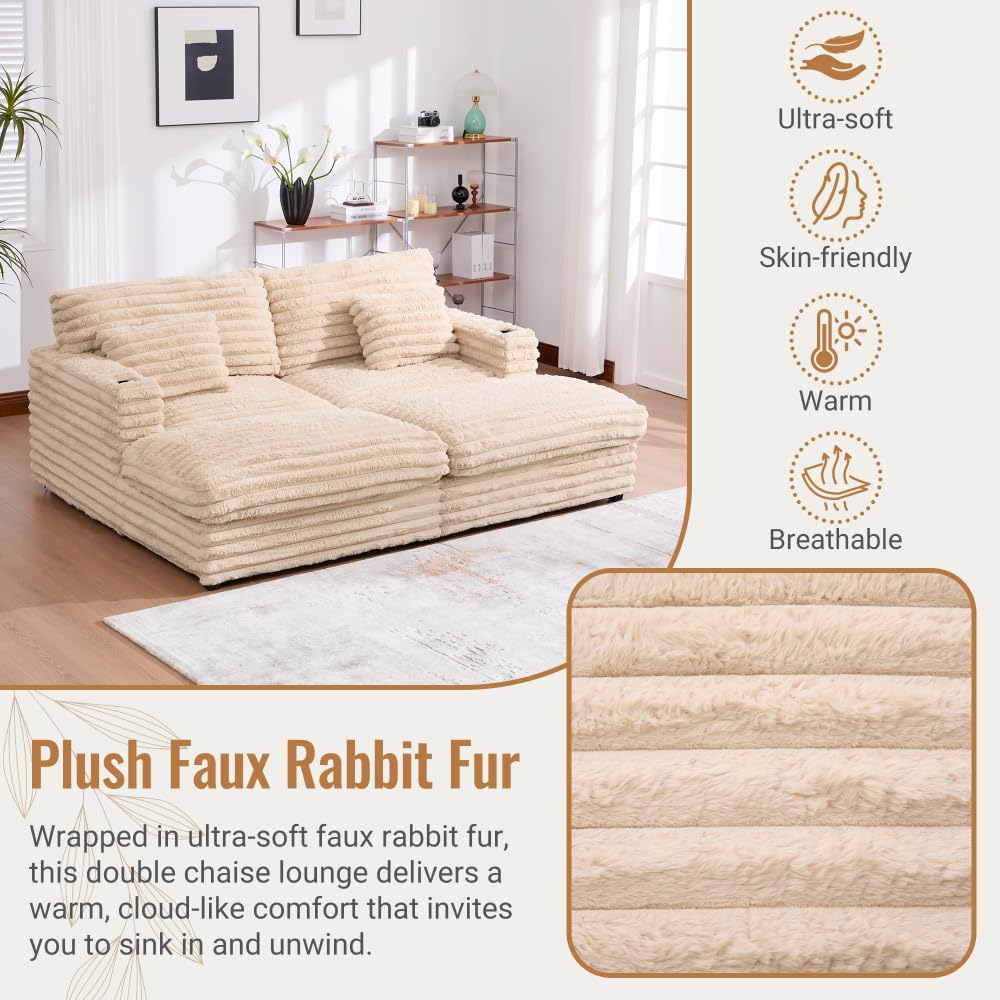 ZOEDO Oversized Double Chaise Lounge Sofa 82" Sofa Bed Plush Upholstered Sleeper Sofa Daybed with Two Supportive Pillows, USB Ports and Cup Holders for Living Room, Champagne (Old SKU:N719S002110D)