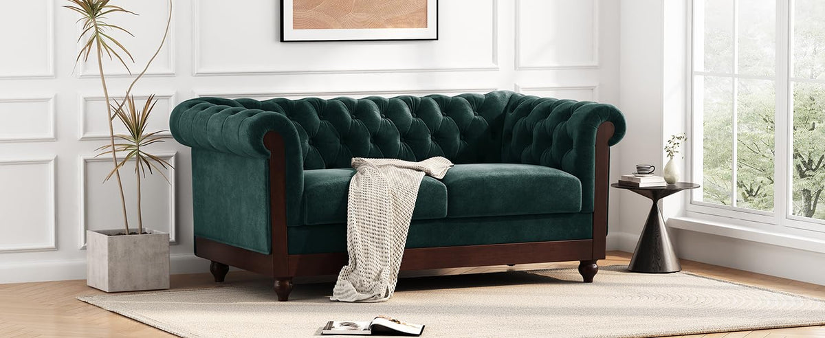 Tidyard 59.4? Velvet Loveseat Sofa for Living Room, 2-Person Tufted Couch with Rolled Arms, Compact Sectional Couch for Small Spaces, Forest Green