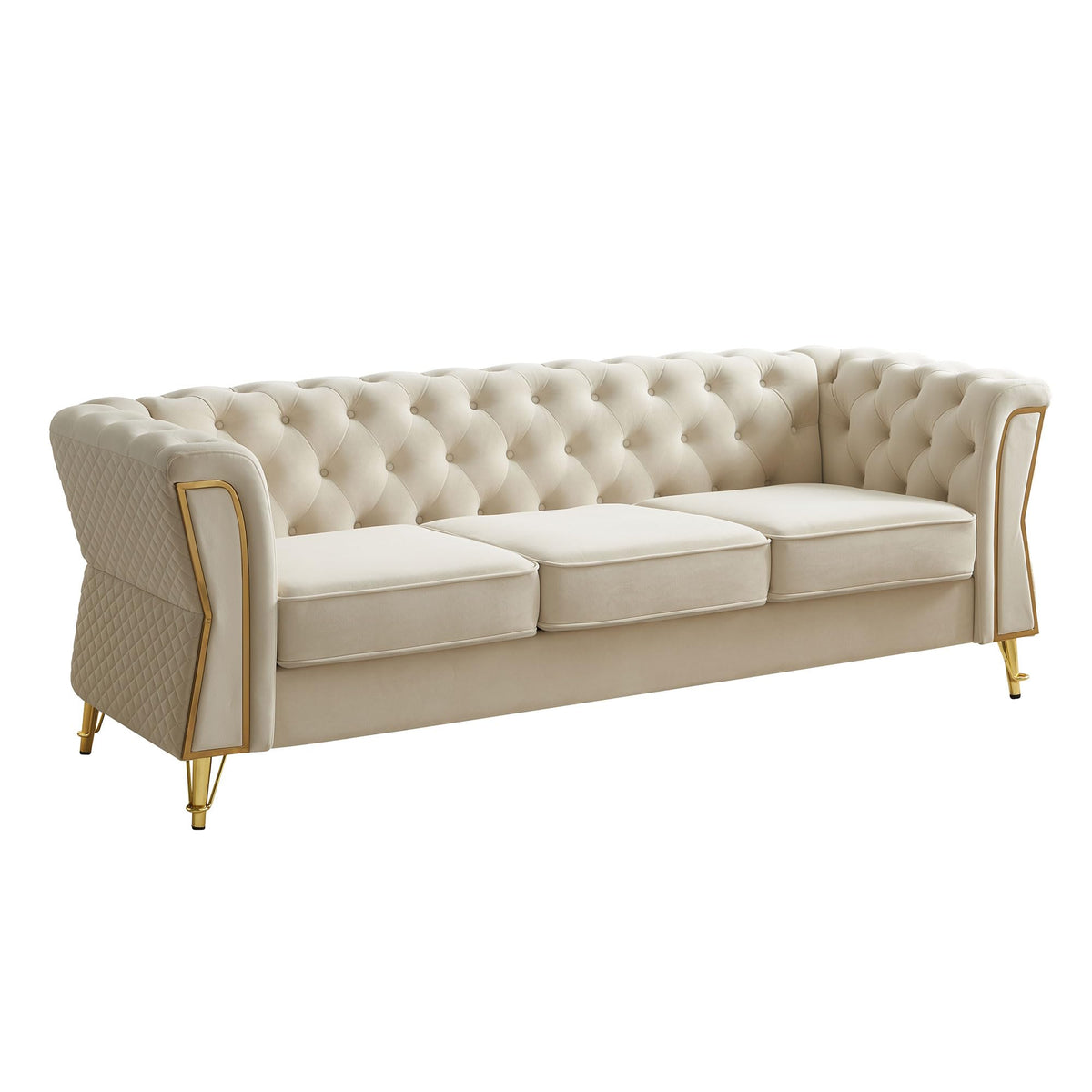 Velvet Sofa, Modern Couch, Tufted Sofa, 87.4 Inch Beige Upholstered Seating with Gold Metal Accent, Solid Wood Frame, Metal Legs, Deep Seat Cushions for Living Room
