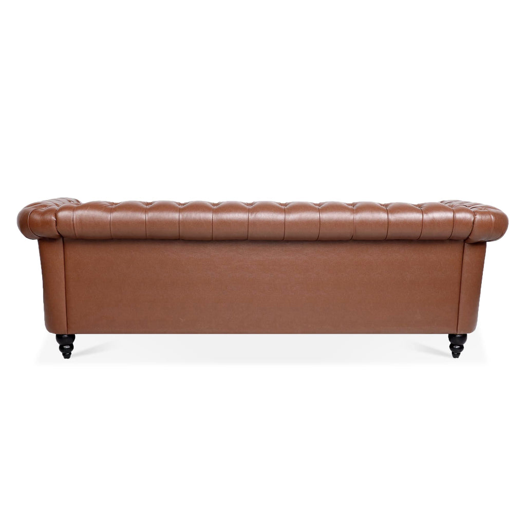 Tidyard 84.6? Brown PU Leather Rolled Arm Chesterfield Three Seater Sofa, Staggered Tufting, Solid Wood Frame, Pocket Spring Cushion, Birch Legs, 660 lbs Capacity