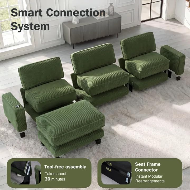 Vipbear 120" Modular Sectional L Shaped Sofa Couches for Living Room,3 Seat with 1 Movable Ottoman,Comfy Corduroy Sofa with USB Port,Side Pocket,Pillow,Green