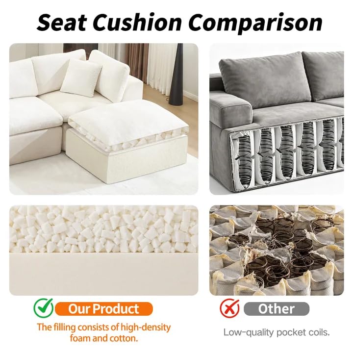 110" Beige Boneless Sectional Couch with Ottoman
