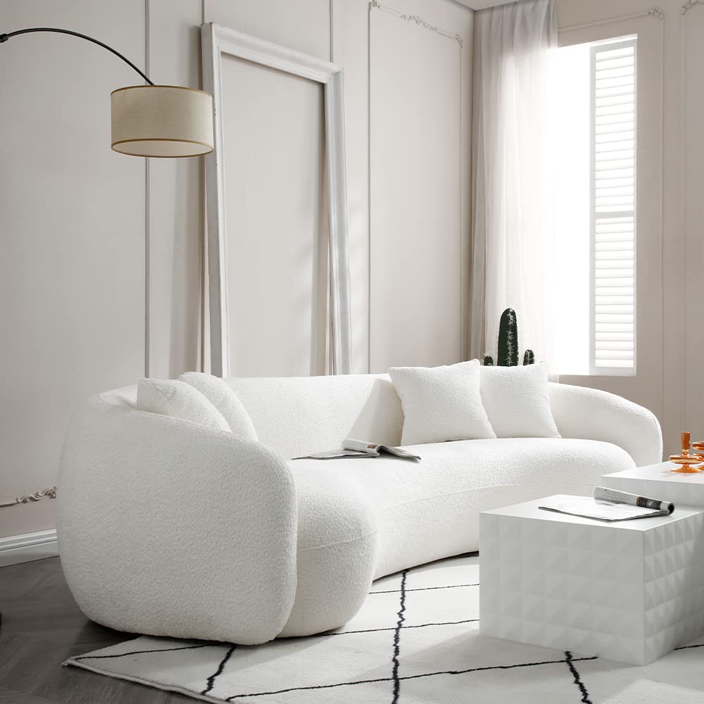 102'' 5-Seater Boucle Sofa Modern Sectional Half Moon Leisure Couch Curved Sofa Teddy Fleece Fabric (White)