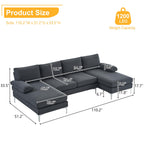 110" U-Shaped Sectional Sofa, 4-Seat Modular Couch with Double Chaise, Modern Linen Fabric Sofa for Living Room, Heavy Duty 1200lbs Capacity, Metal Legs, Dark Gray