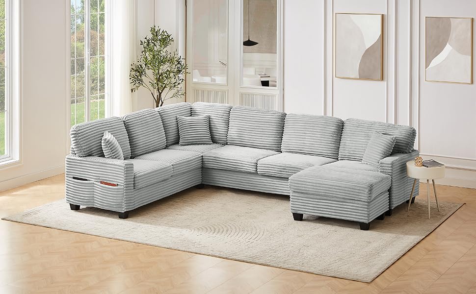 Tidyard Sectional Sofa U-Shaped 125.? L-Shaped Couch with Movable Ottoman & Side Storage Pockets, Grey Corduroy Upholstered Living Room Sofa