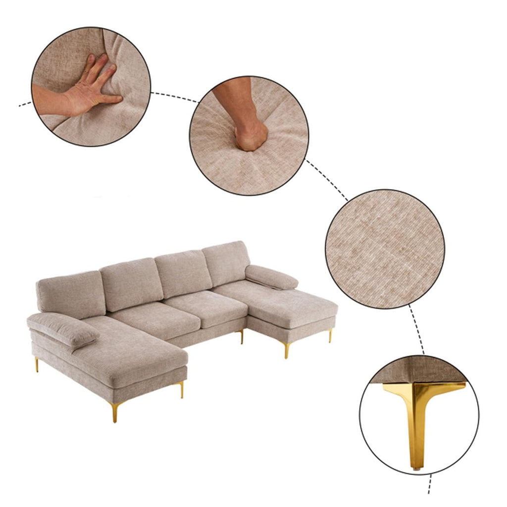 U-Shaped 4-Seat Reversible Sectional Sofa with Oversized Chaise, High-End Chenille Fabric & Gold-Plated Legs, 280x130x85cm Small Space Couch (Camel)