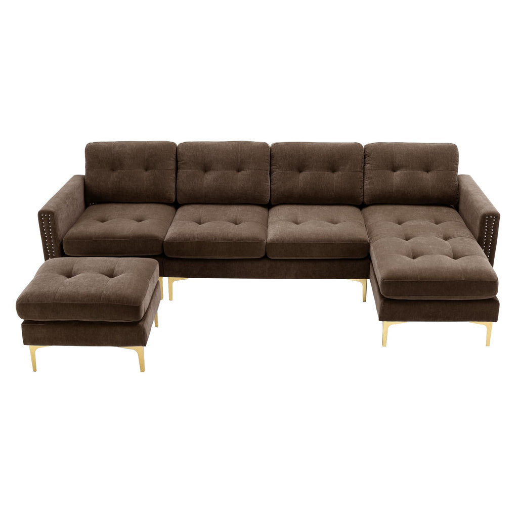110.6" Velvet Sectional Sofa Couch with Chaise Lounge & Ottoman for Living Room, Modern Contemporary L-Shaped 4-Seat Tufted Sofa Couch for Apartment Office, Strong Metal Leg, Brown