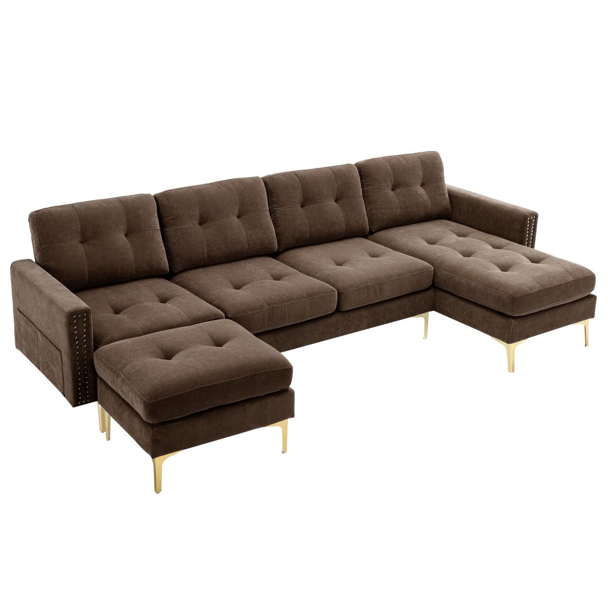 110.6" Velvet Sectional Sofa Couch with Chaise Lounge & Ottoman for Living Room, Modern Contemporary L-Shaped 4-Seat Tufted Sofa Couch for Apartment Office, Strong Metal Leg, Brown